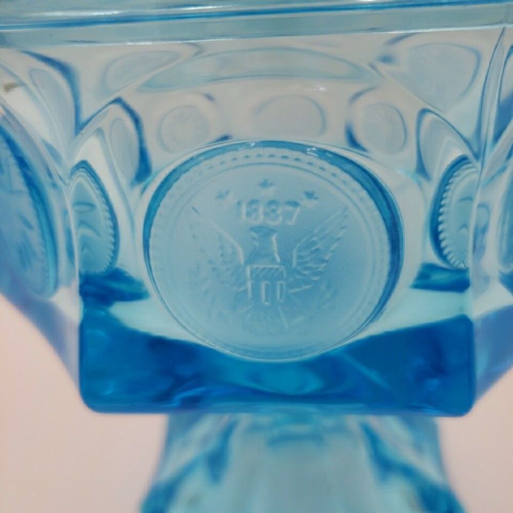 Fostoria Wedding Bowl with Lid Blue Glass Coin Medallion Covered Pedestal Dish - Picture 5 of 16
